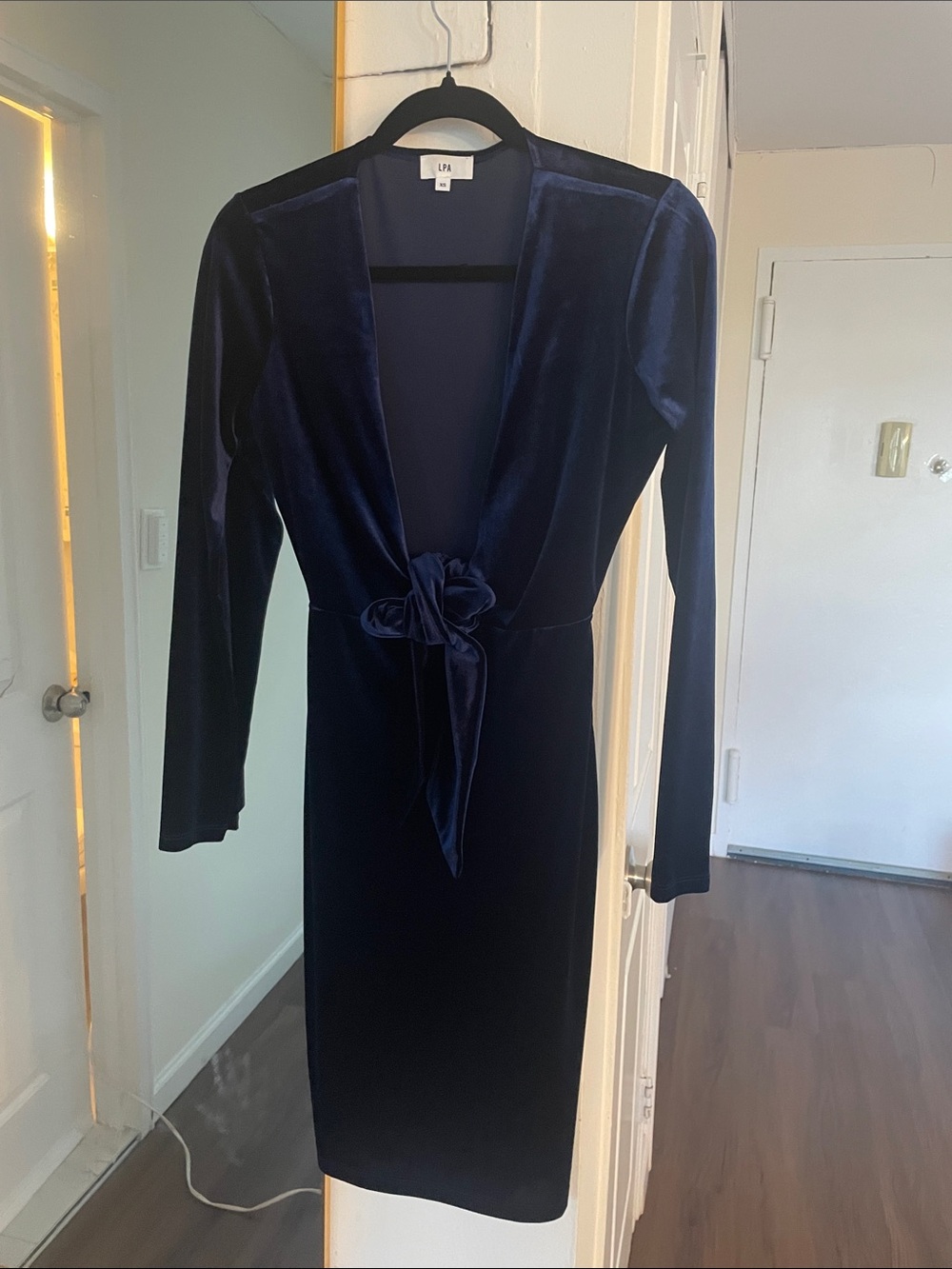 LPA Midnight Blue Velvet Long-Sleeve Tie-Front Midi Dress